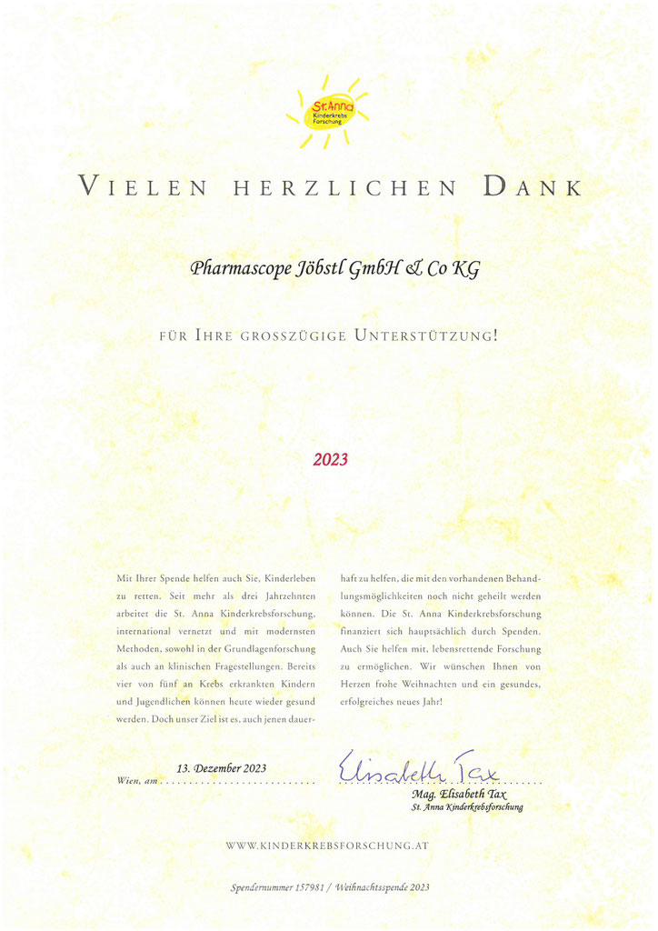 Dankesurkunde der St. Anna Kinderkrebsforschung